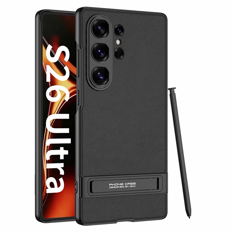 Samsung Galaxy S26 Ultra Case, Luxury Vegan Leather Slim Cover with Built-in Folding Kickstand, Full Protection Shockproof Business Case (Black, S26 Ultra)