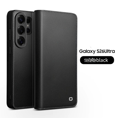 Qialino Genuine Leather Wallet Case for Samsung Galaxy S26 Ultra / S26+ / S25+ – Premium Business Flip Cover with Card Slots & Kickstand (S26 Ultra, Black)