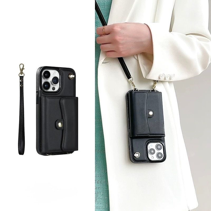 Crossbody Wallet Case for iPhone 17 Pro Max 16 15 14 13 12, Luxury Leather Card Holder with Adjustable Lanyard Strap, Vertical & Horizontal Kickstand Purse Cover (iPhone 17 Pro Max, Black)