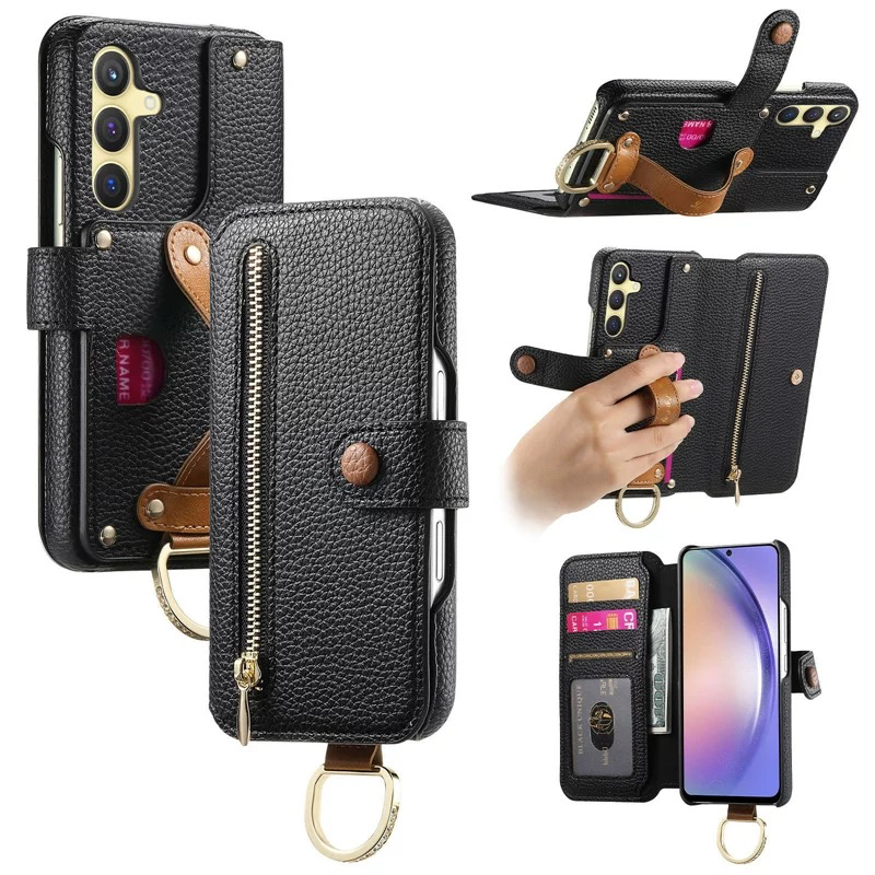 Premium Leather Wallet Case for Samsung Galaxy S26 S25 S24 Ultra S23 Plus S22, Luxury Flip Cover with Wristband, Card Holder & Coin Purse (S26 Ultra, Black)