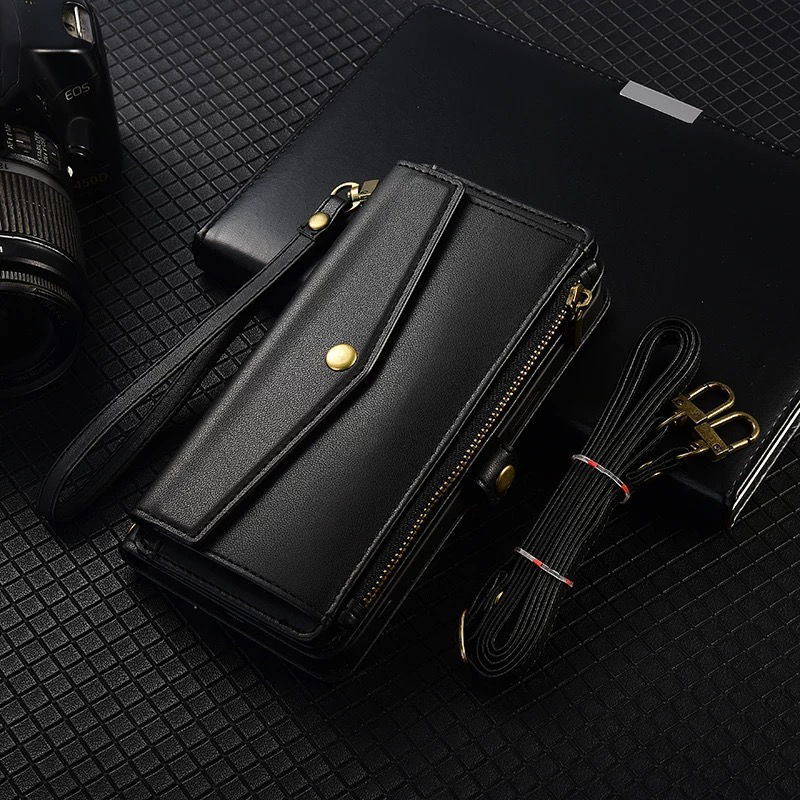 Luxury Crossbody Leather Case for OPPO Find X9 Pro (PLJ110) - Wallet Flip Cover with Strap & Card Holder (OPPO find X9, Black)