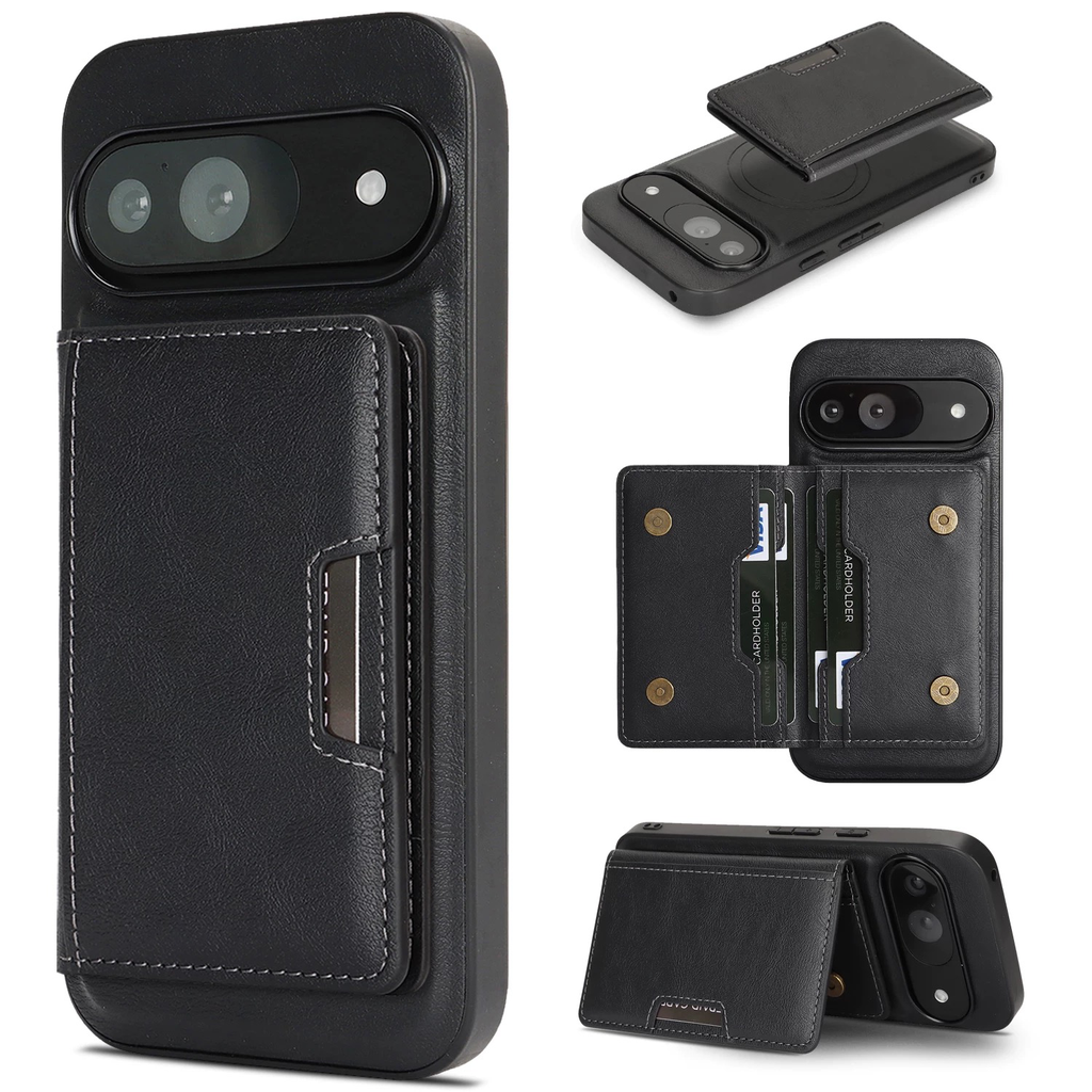 Magnetic Wallet Case for Google Pixel 10 Pro XL / 9 Pro XL / 9A 8A - Shockproof Cover with Card Holder & Kickstand (C1 Series) (pixel 10, Black)